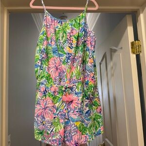 Lilly Pulitzer Floral Tropical Print Romper with Drawstring Waist, Size 12-14/XL